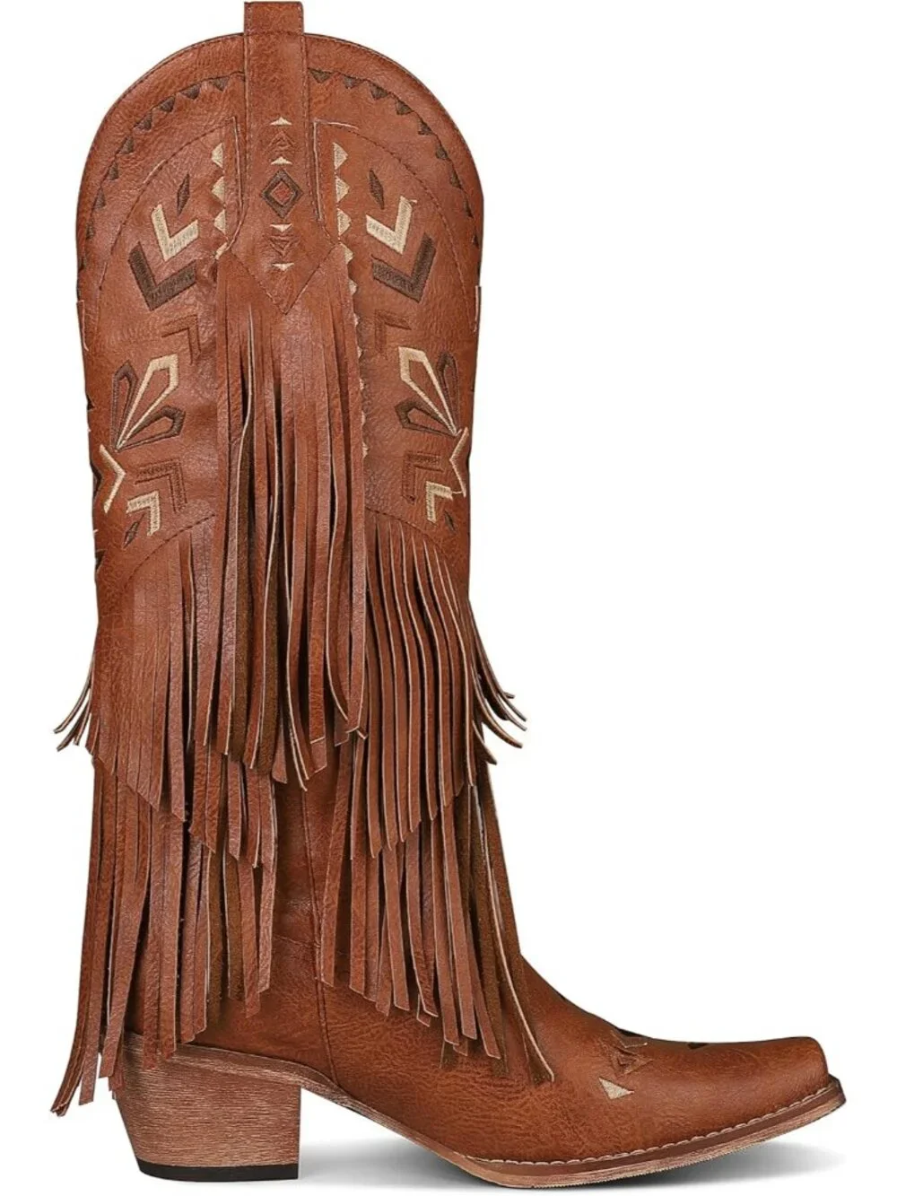 Women's Brown Cowgirl Knee High Fringe Boots Rubber Fleece Microfiber